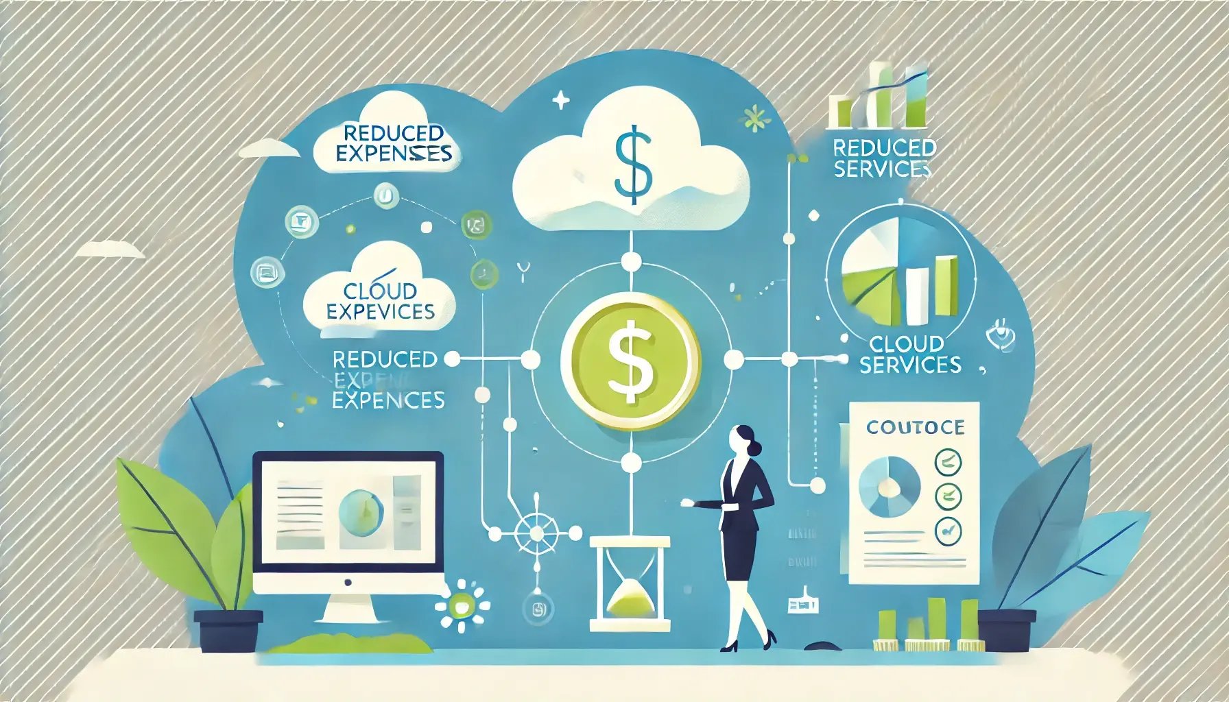 A bright and simple illustration representing the cost-efficiency of outsourcing IT, with icons showing reduced expenses, cloud services, and simplified IT management.<br />
