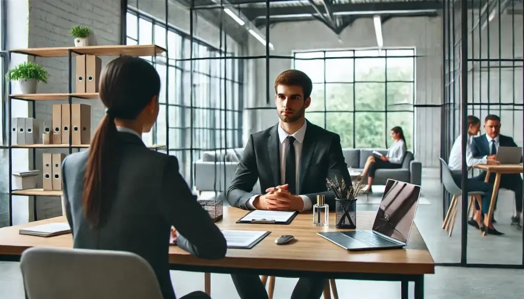Seorang manajer perekrutan melakukan wawancara dengan kandidat di kantor modern, dengan suasana profesional dan formal, dilengkapi laptop dan dokumen di meja. wawancara