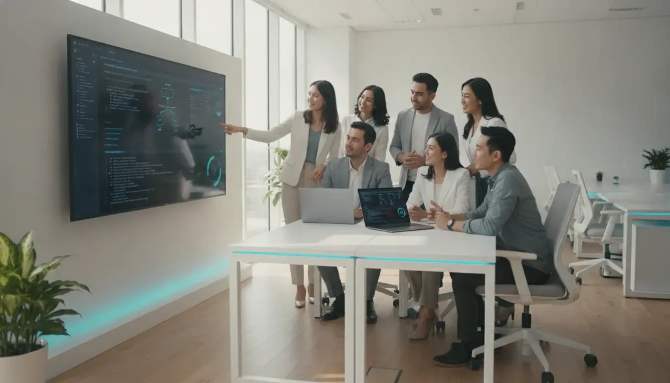 Tim profesional perusahaan IT outsourcing berkolaborasi menangani proyek teknologi di kantor