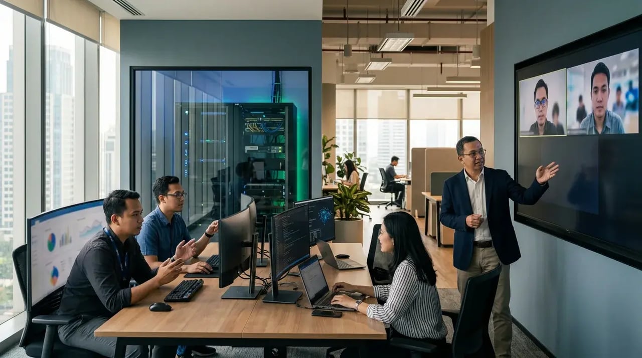 Ilustrasi perbandingan IT outsourcing dan tim IT in-house di kantor perusahaan Indonesia