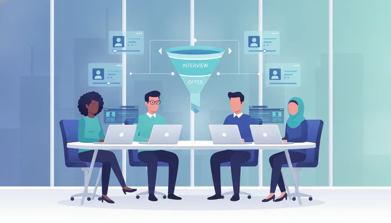 Ilustrasi tim talent acquisition menyeleksi kandidat untuk rekrutmen strategis