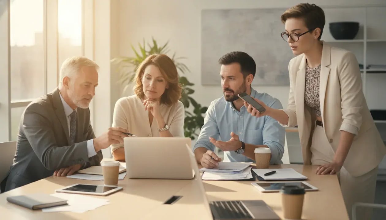 Empat karyawan lintas generasi Baby Boomer, X, Y, dan Z berdiskusi di ruang kerja modern