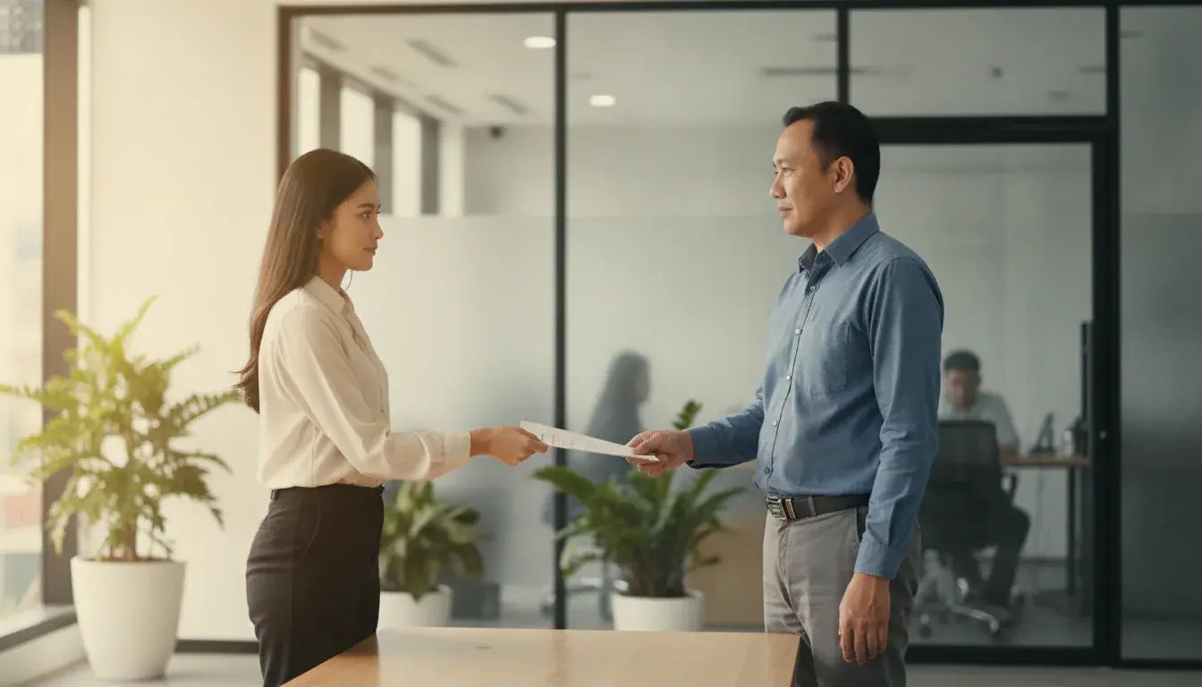 Karyawan Resign Karyawan resign menyerahkan surat pengunduran diri, menggambarkan hak karyawan resign yang wajib dipenuhi perusahaan
