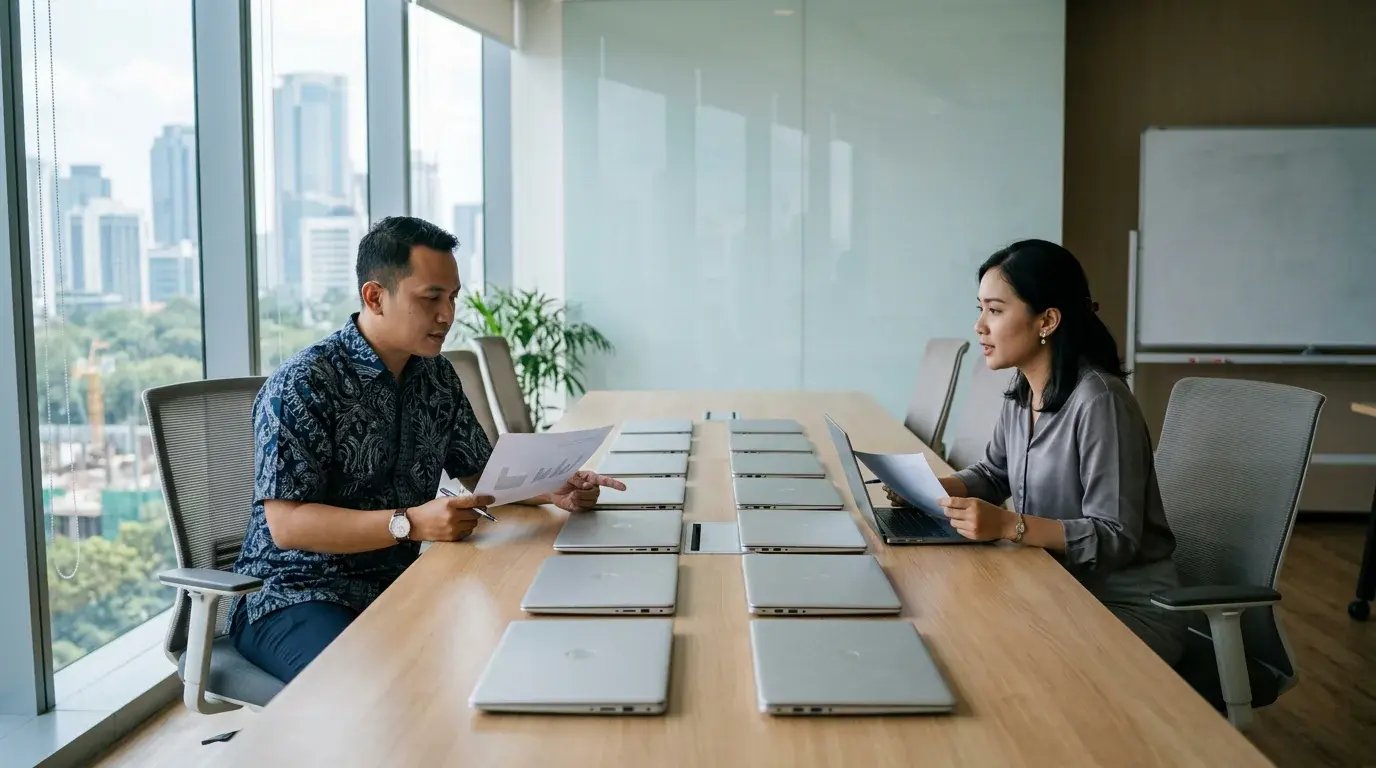 Manajer IT membandingkan biaya sewa vs beli laptop kantor pada spreadsheet di ruang rapat